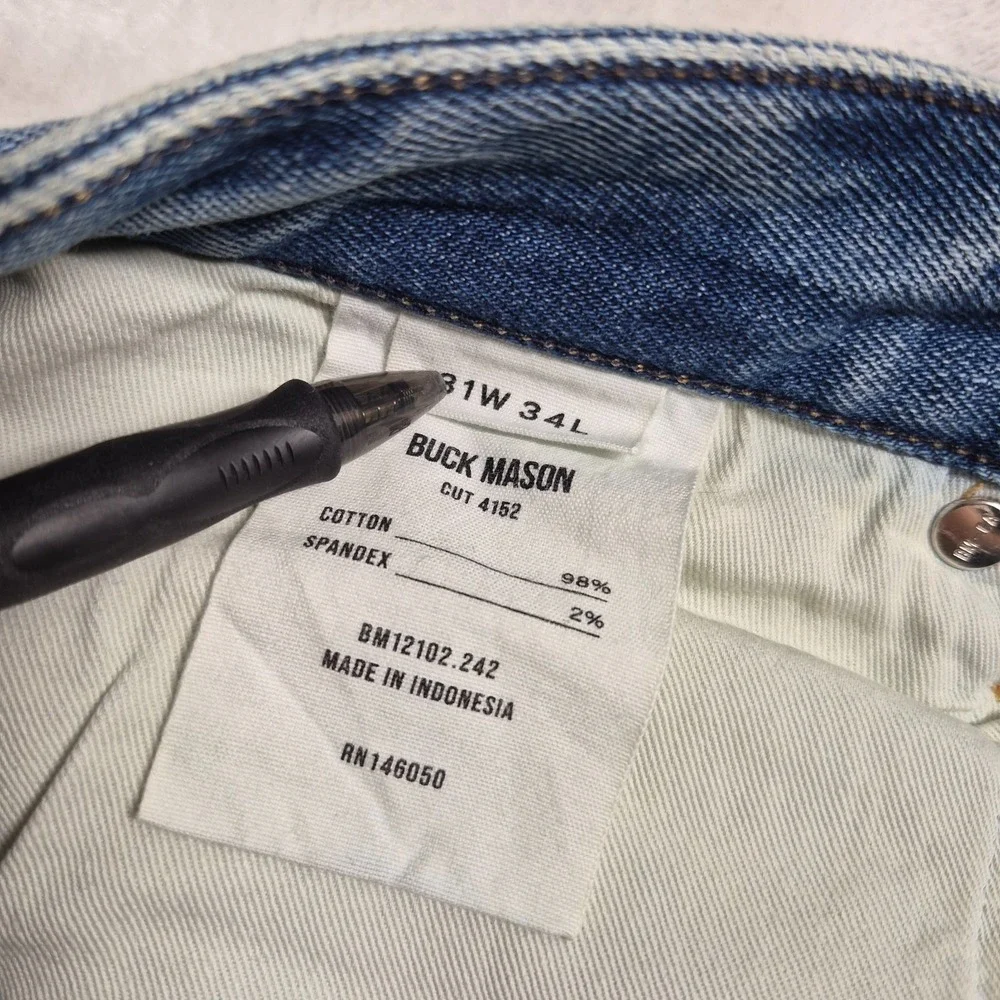 Buck Mason Ford Standard Jeans Men's 31x34 Blue Denim Raw Hem Button Fly Casual
